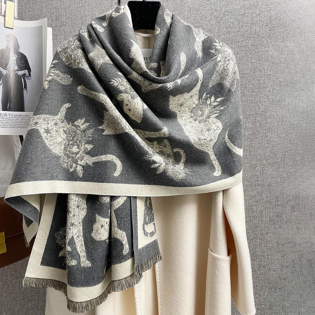 Women S Cat Silhouette Printed Double Sided Faux Cashmere Warm Scarf