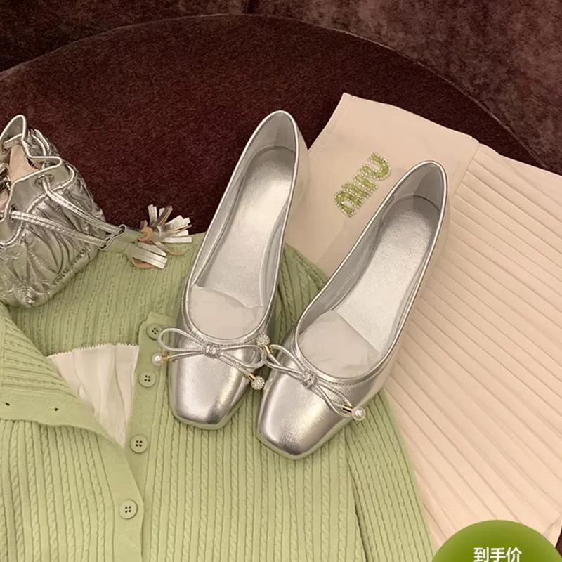 Grape Mom Frida Girl~ Square Head Bow Light Mouth Delicate Pearl Ballet Flat Shoes Lambskin Single Shoes