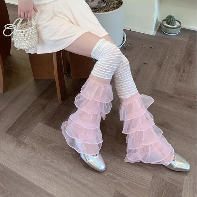 Y2K Mehrlagige Rüschen-Beinwärmer mit Perlenpunkt-Netz, Durchsichtige Kuchenspitzen-Oberschenkelhohe Socken für Damen Mädchen Balletcore Lolita Mode