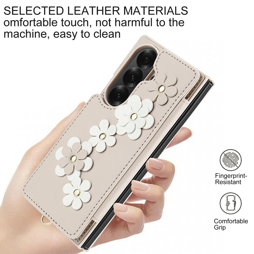 For Samsung Galaxy Z Fold7 5G Case Card Slots Leather Coated TPU Flower Phone Cover with 2 Straps
