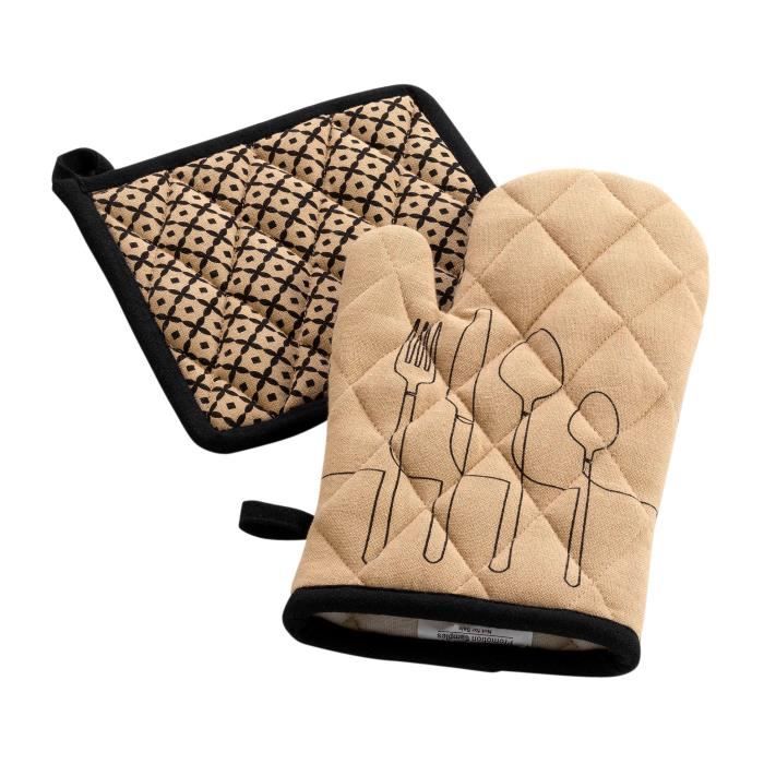 Gant et manique de cuisine - Cuisiline - Beige - 18x28 cm - 100% coton - Lavable en machine
