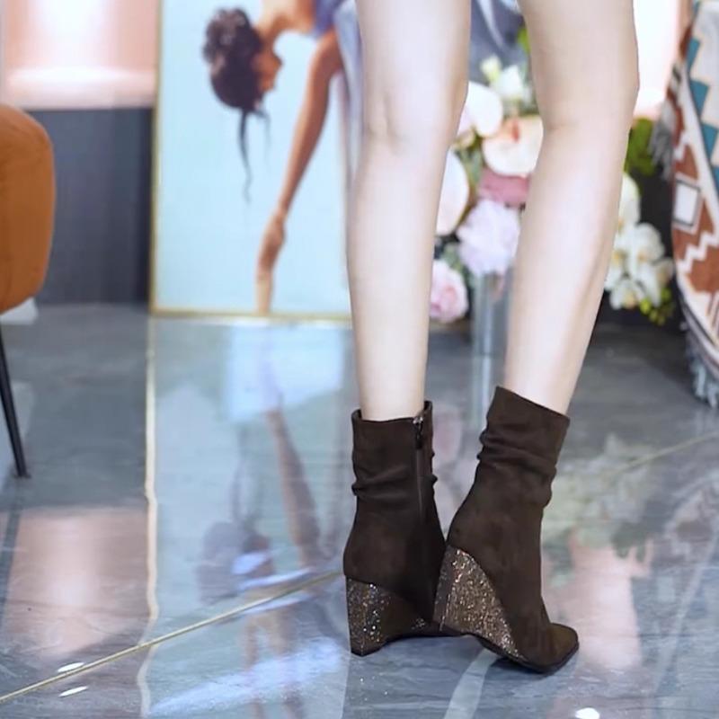 Fashion Side Zip Wedge Single Boots Fall New Pointed Toe Pleated Suede Anti-Slip Wear-Resistant Booties