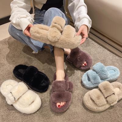 Zapatillas de Felpa de Hada de Moda para Niñas Mujeres Talla Grande 42/43 Zapatos de Invierno de Lana Blanca Chanclas Planas para el Hogar Mocasines con Plataforma Sandalias con Correa de Hebilla