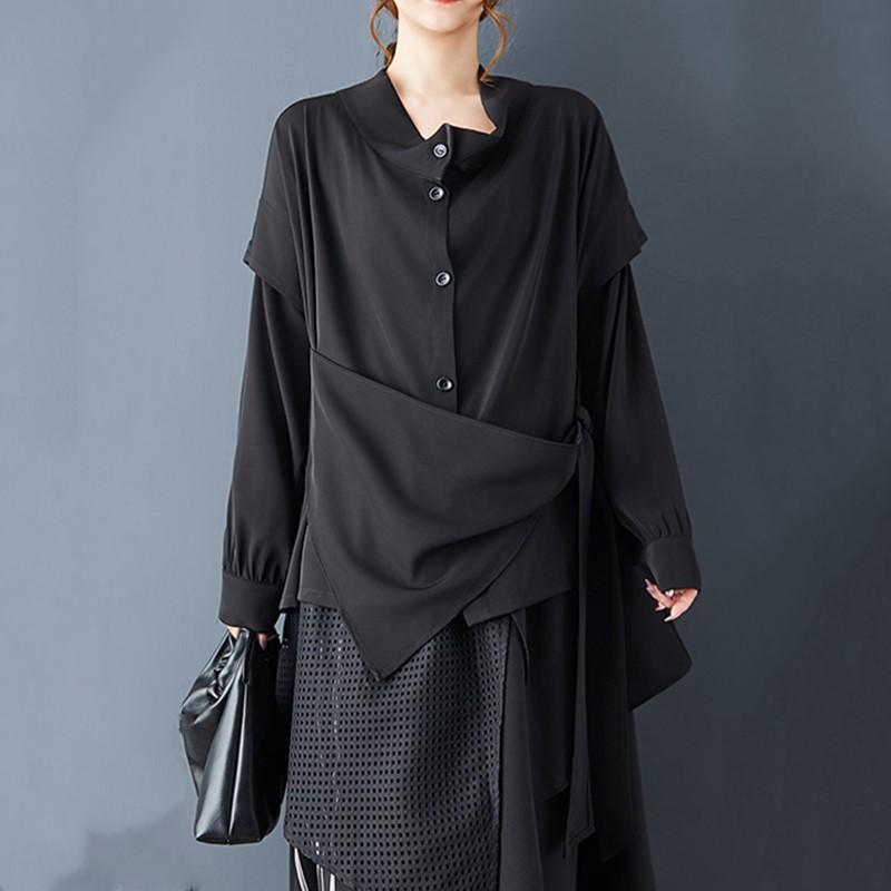 

Рубашки и блузки оверсайз с длинным рукавом черного цвета для блузки Повседневные свободные весенне-осенние топы женская рубашка на пуговицах