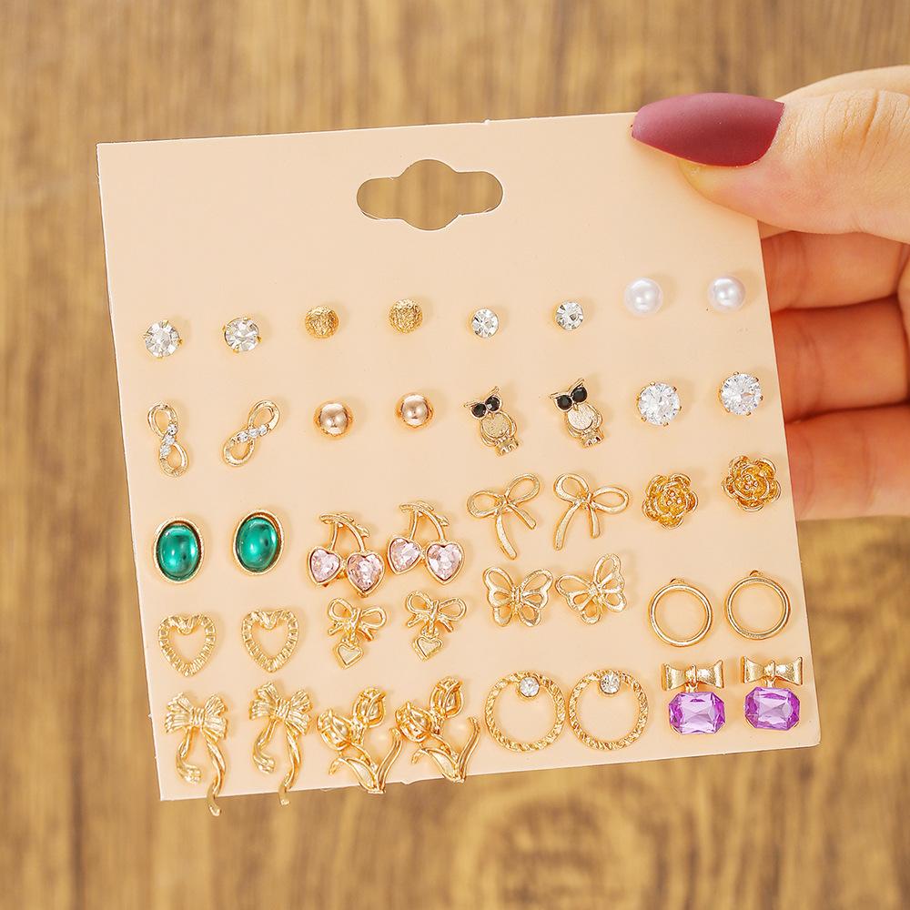 European and American style gold star stud earrings set combination women's heart-shaped light luxury high-end earrings