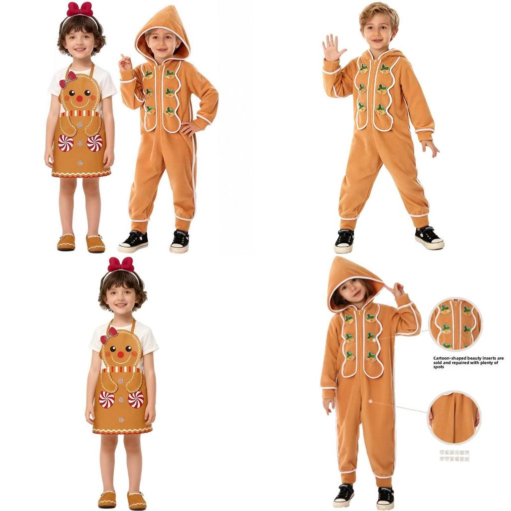 Christmas Gingerbread Cosplay Pajamas And Apron For Kids With Zipper Closure For Holiday Sleepwear