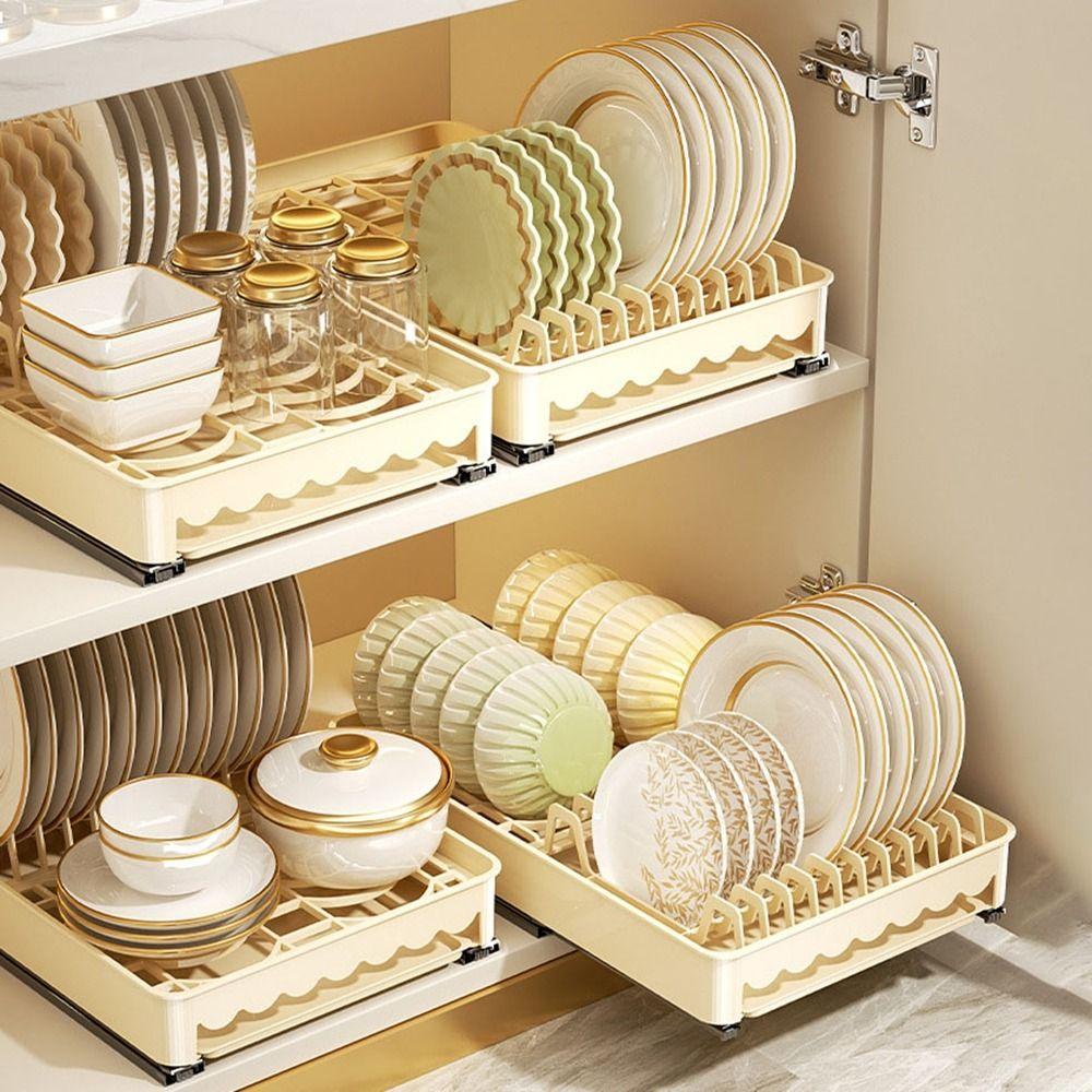 Built-In Slide Out Dish Drying Rack Plastic Drawer-type Plate Drain Rack Pull Out Dish Rack Pantry