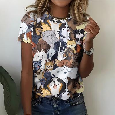 Lustiges Und Niedliches Hunde-Muster Damen-T-Shirt Modisch Lässig Bequem Und Farbenfroh Kurzarm