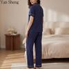 Women Pajama Set Cotton Summer Button‑Up Short Sleeve Long Pants Lapel Pocket Loungewear For Home Sleepwear
