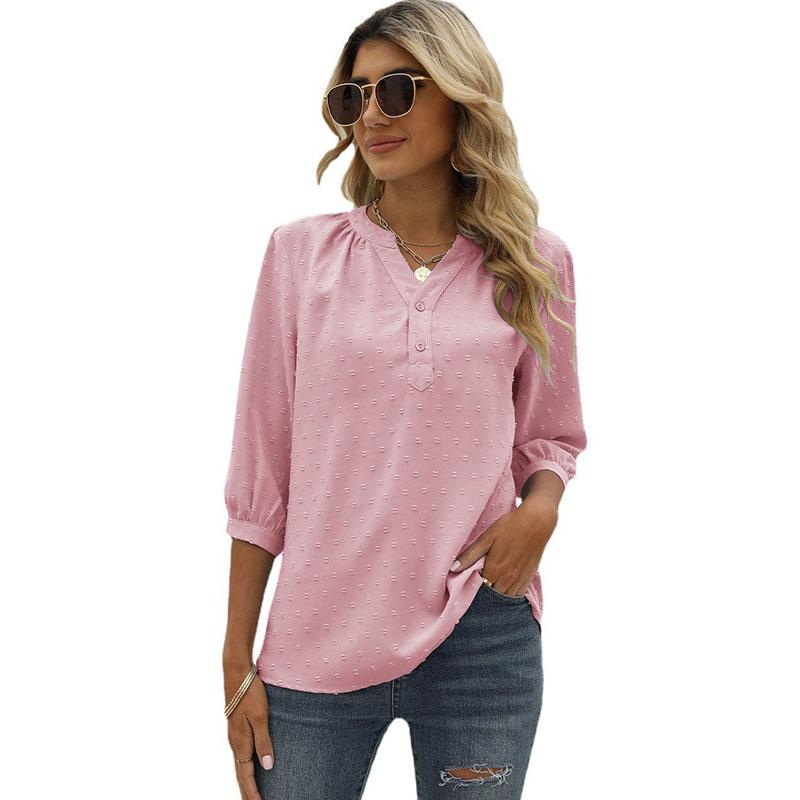 Spring and Summer Women's T-shirt Stand-up Collar Mid-sleeve Shirt Jacquard Hairball Casual Blouse Loose Top Shirt