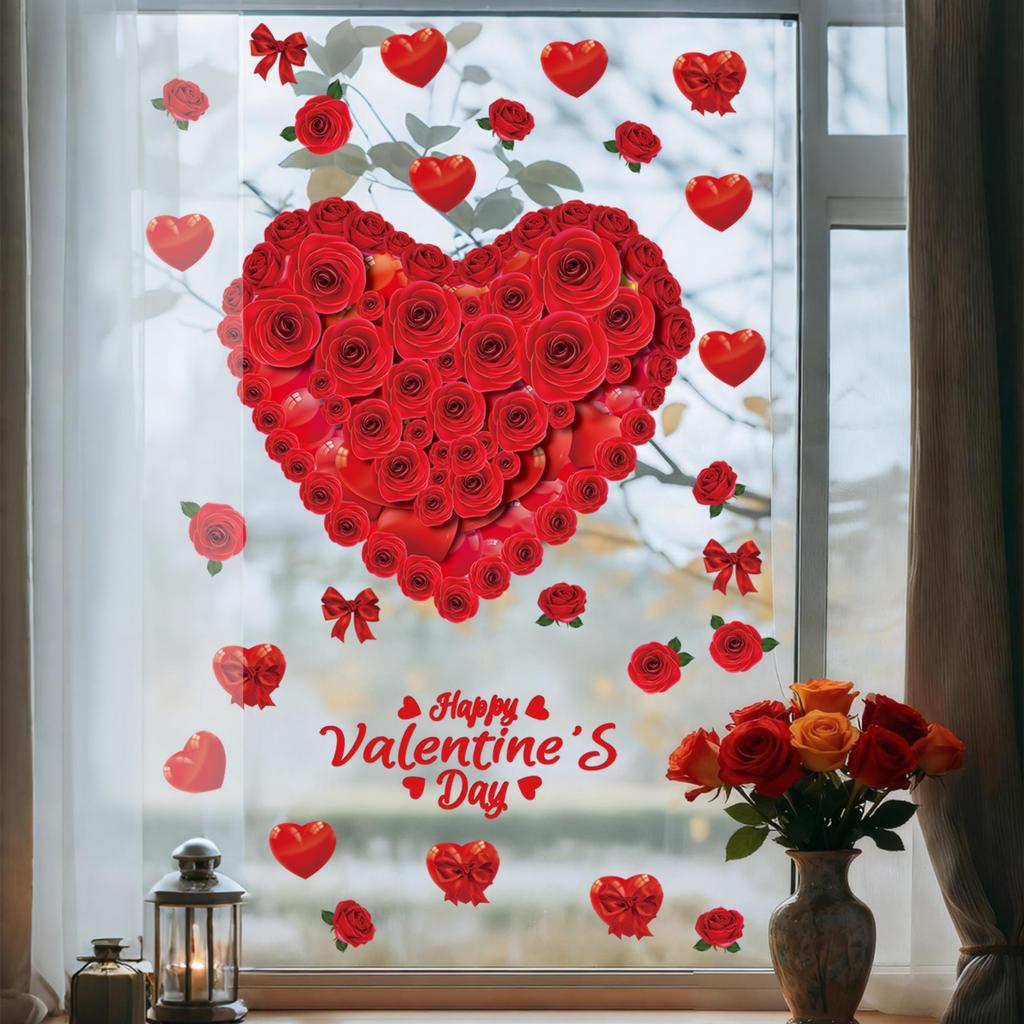 1 Sheet Happy Valentines Day Window Clings For Glass Window Red Rose Love Heart Window Clings Double Sided Visible Electrostatic Cling PVC Window
