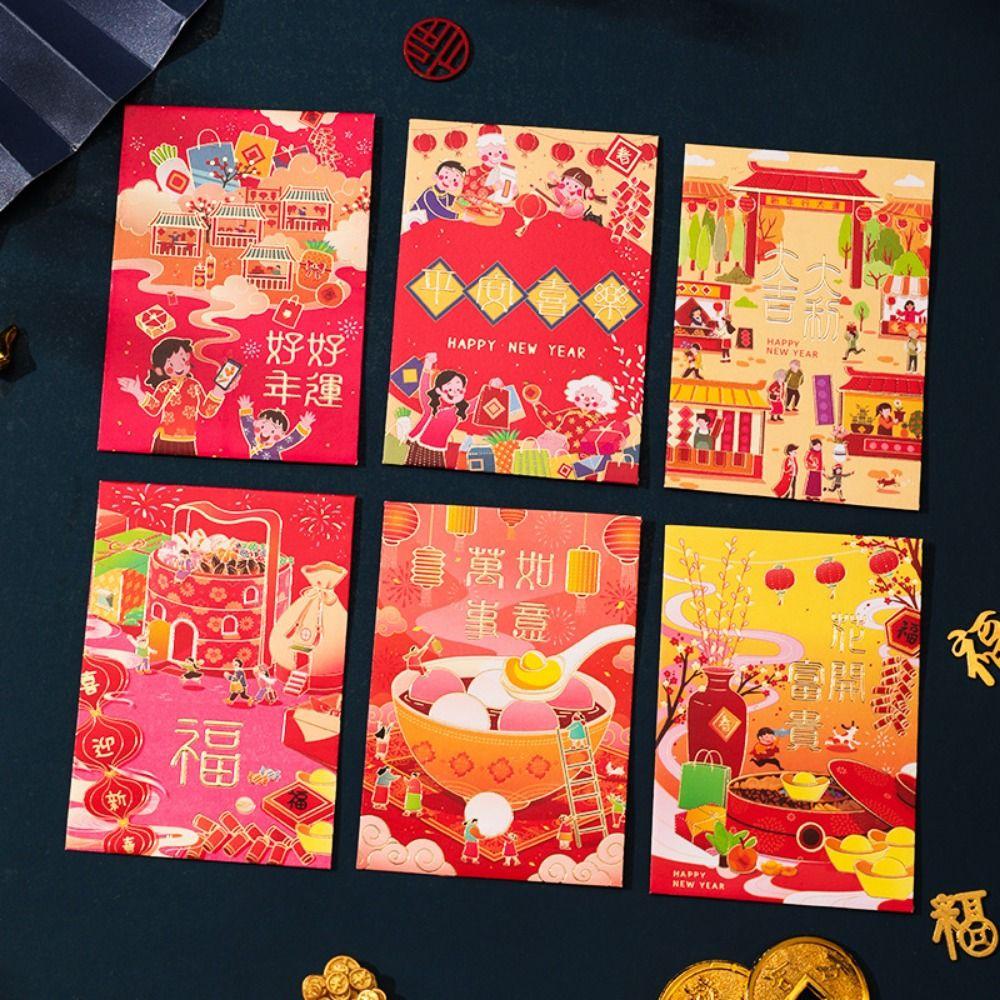 6 Pcs Cute Lucky Red Pocket Cartooon New Year Red Packet 2025 Red Envelope Bag  Spring Festival