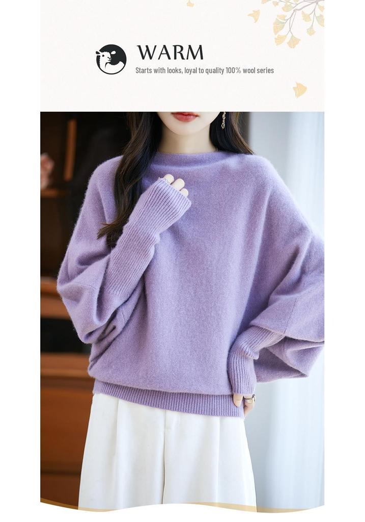 Women's One-Shoulder Batwing Sleeve Knit Sweater - Loose Fit, Lazy Design, Split Hem, Wool Blend for Autumn/Winter