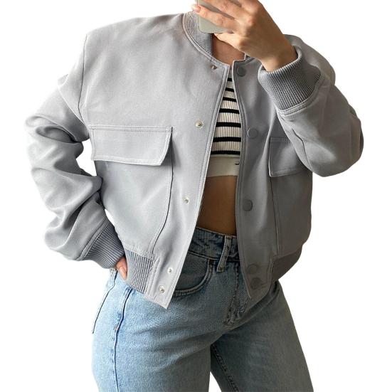 Women's Cropped Jackets Stand Collar Varsity Shacket Coat Casual Button Down Long Sleeve Spring Autumn Outerwear