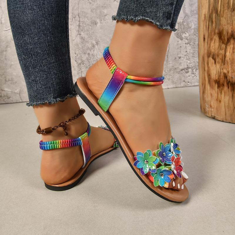 Fashion Plus Size Flat Sandals Spring Summer New Round Toe Open Toe Colorful Flower Studded Soft Sole Non-Slip Roman Shoes