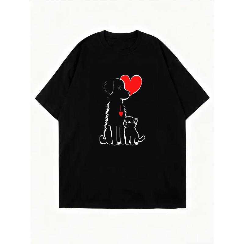 White T Shirt With Red Heart And Doodle Design For Casual Wear