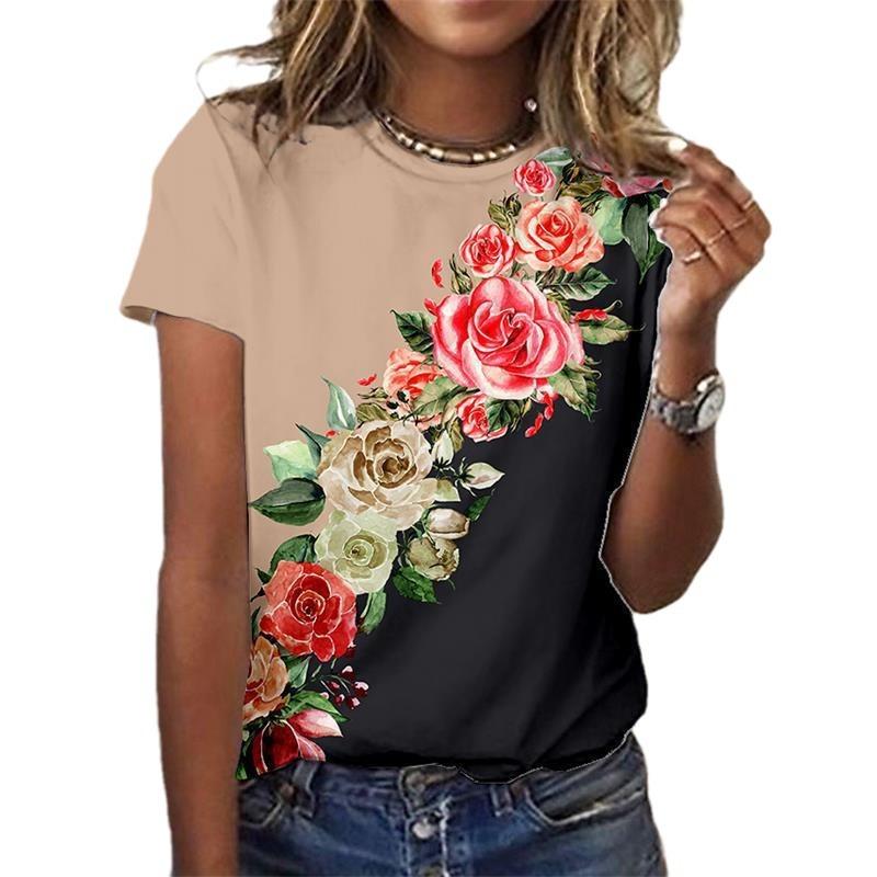 Spring and Summer New Niche Retro Cute Flower 3D Printed Round Neck Short Sleeved T-shirt