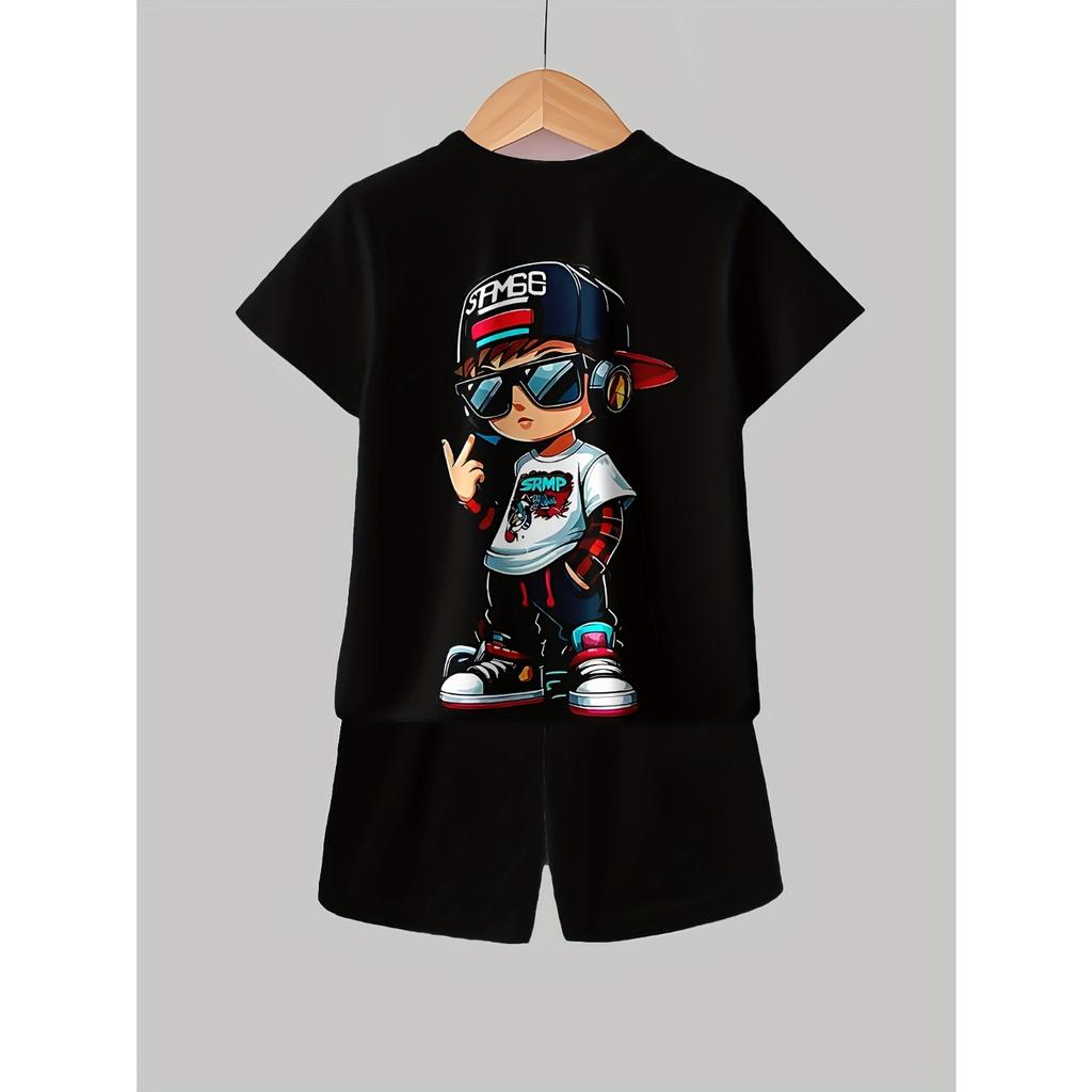 Boys' 3D Print Casual Outfit Set - Fashionable T-Shirt & Shorts Combo, Black with Cartoon Character Design, Lightweight Polyester