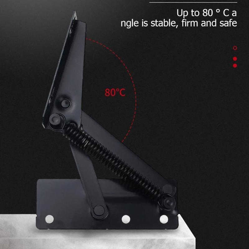 2Pcs Heavy Duty Steel Spring Hinges | Black 80° Folding Lift Top Hinges for Cabinet Doors Sofa Bed Furniture Surface Mount