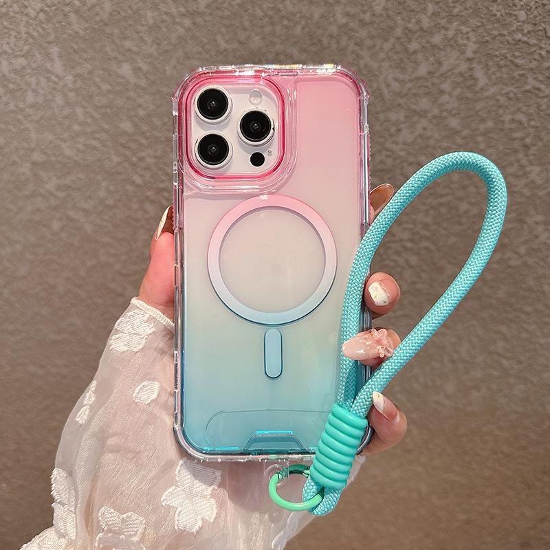 

For IP6PROMAX Back Cover Magnetic Mobile Phone Case Colorful Three-in-one Anti-yellow Wear-resistant TPU Gradient Color with Hand Strap For iPhone 17 Pro Max