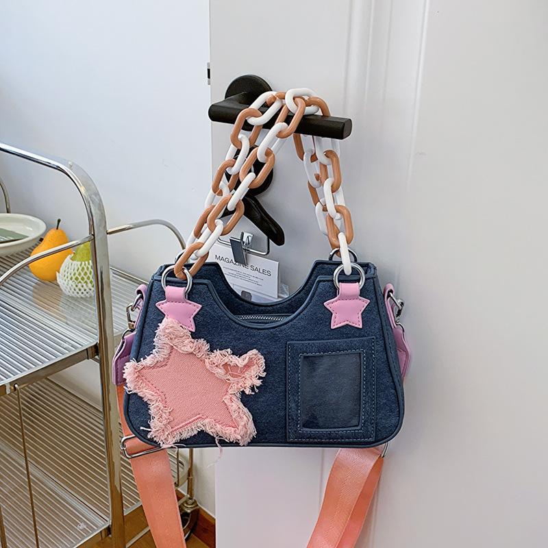 

Японская сумка Spice Girls Star Женская 2025 Новая джинсовая на плечо через плечо Модная универсальная сумка под мышкой 26*7*17 темно-синий