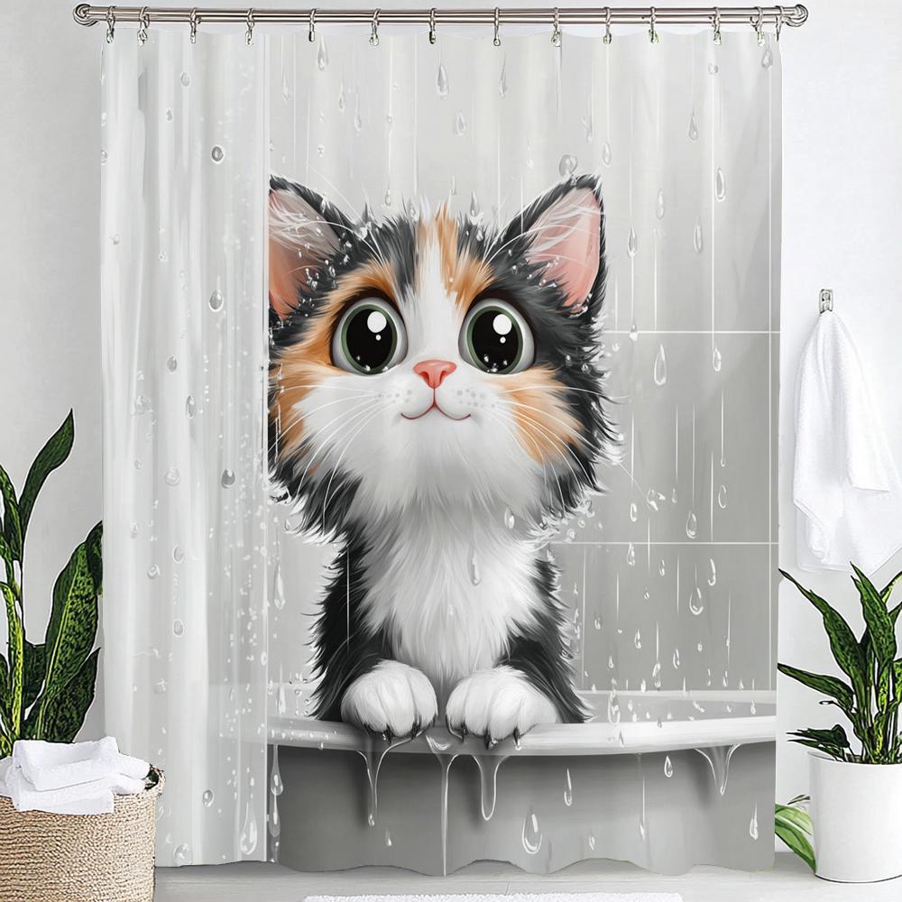Cartoon Niedliche Katze für Badezimmer Duschvorhang, Dekorativer Duschvorhang, Bedruckter Stoff Vorhang für Zuhause Mit Haken