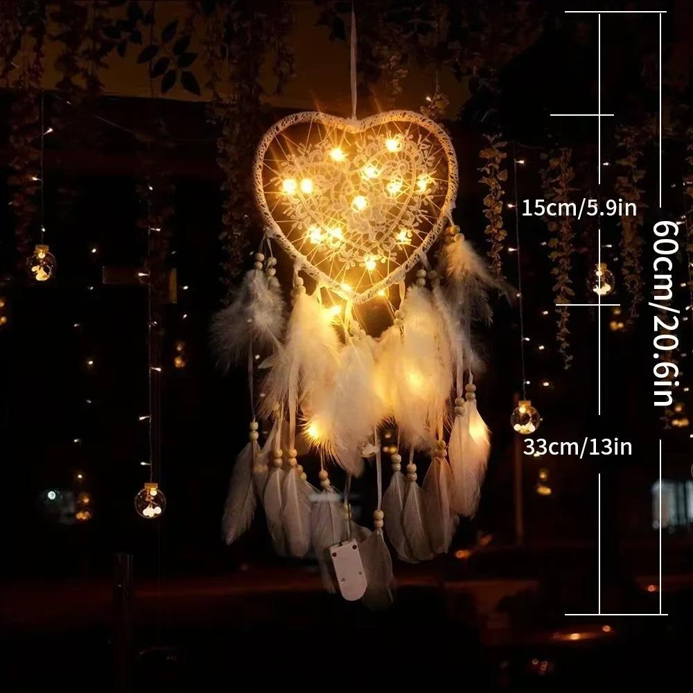 Heart Shaped LED Dream Catcher with Feathers Car Hanging Ornaments Home Wall Decor Fairy Lights for Bedroom Gift