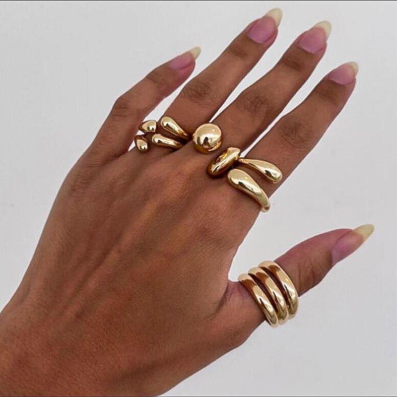 European & American Metal Texture Ring Set: Smooth, Exaggerated Geometric Open Rings for Women