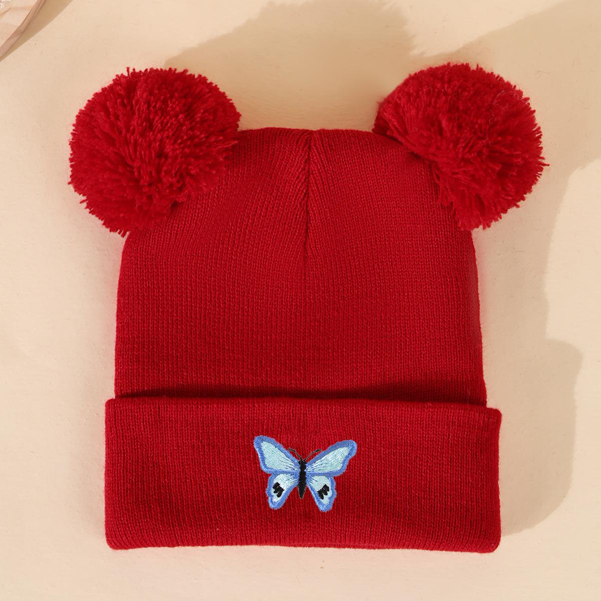 Cute Cartoon Cute Blue Butterfly Embroidered Knitted Hat Woolen Hat Bear Pullover Hat Cat Autumn And Winter Thermal Hat красный