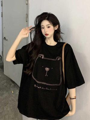 Plus Size Bear Print Short Sleeve T-shirt – Women’s Loose Fit Cotton Top, Hong Kong Style