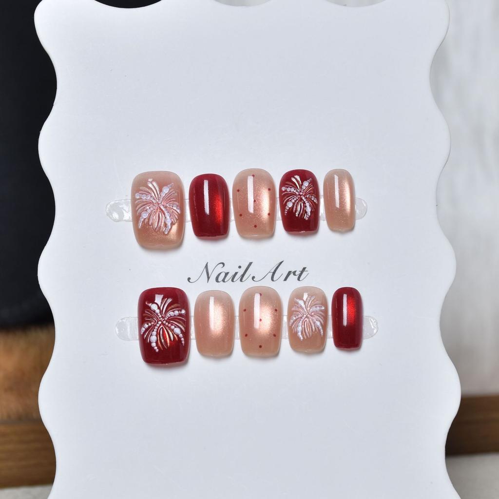 Fake nails wear nail removable cat's eye nail art piece 2026 new red fireworks nail art fake nails