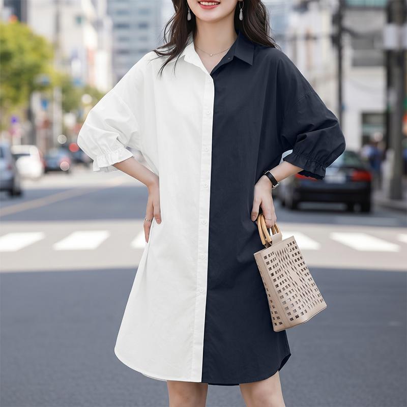ZANZEA Women Casual Turn Down Collar Loose 3/4 Sleeve Patchwork Shirt Dress