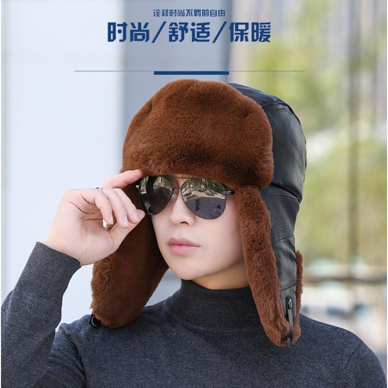 Genuine Leather Winter Hat Men Women Warm Windproof Ear Protection Foldable Trapper