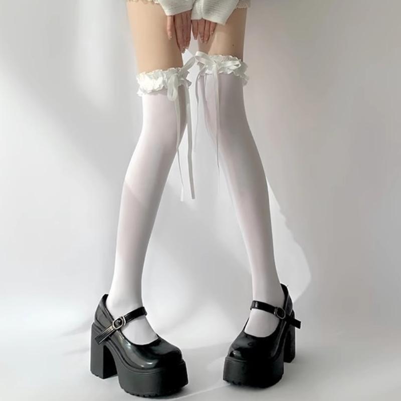 White Thin Sheer Ruffle-edge Lace Long Socks Women JK Girl Sweet Thigh High Stockings Lolita Nylon OverKnee Cute Bowknot Hosiery