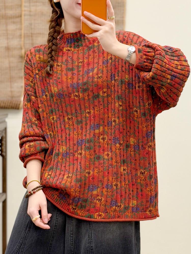 Women's Plus Size Floral High Neck Sweater - Autumn/Winter 2025 Relaxed Fit