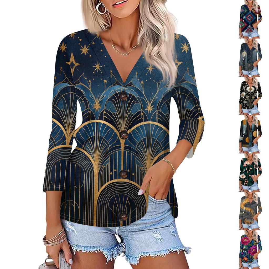 Women's Casual Fashion Floral Print Three-quarter Sleeve Button Cardigan Top
