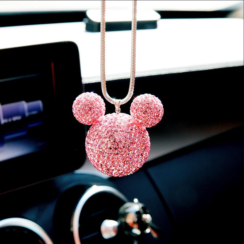 Rhinestone Crystal Ball Car Pendant Cute Cartoon Animal Bling Car Mirror Hanging Accessories Girls Women Car Interior Decoration