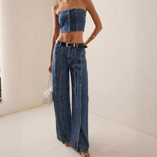 SHEIN Übergröße Strass High-Waist Weitbein Denimhose