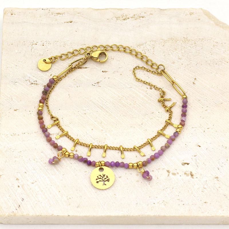 Double Layer Women s Bracelet with Stainless Steel Tree of Life Pendant and Natural Stone Beads фиолетовый