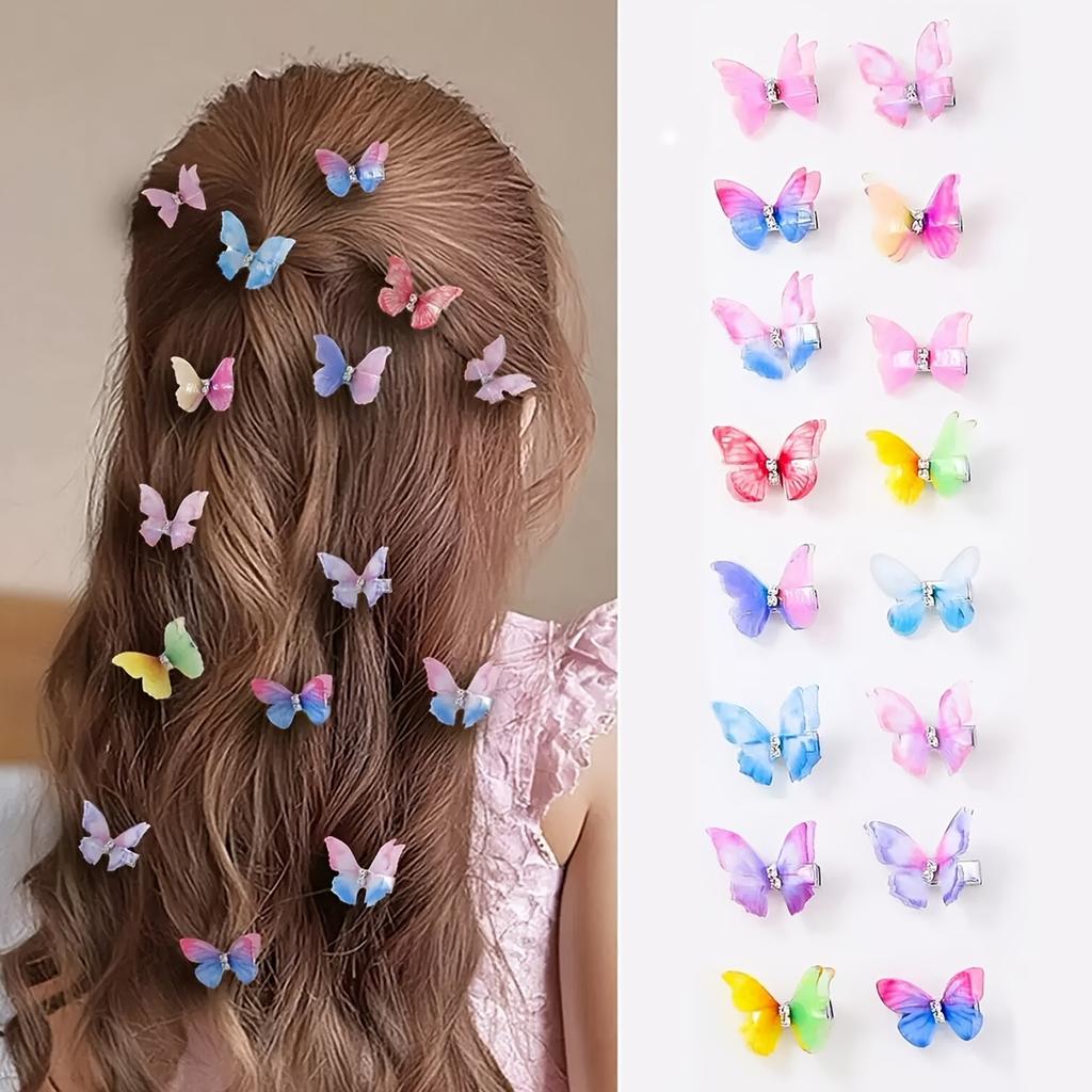 10pcs Colorful Gradient Double-layer Organza Butterfly Hair Clips with Rhinestones, Cute Princess Hair Accessories