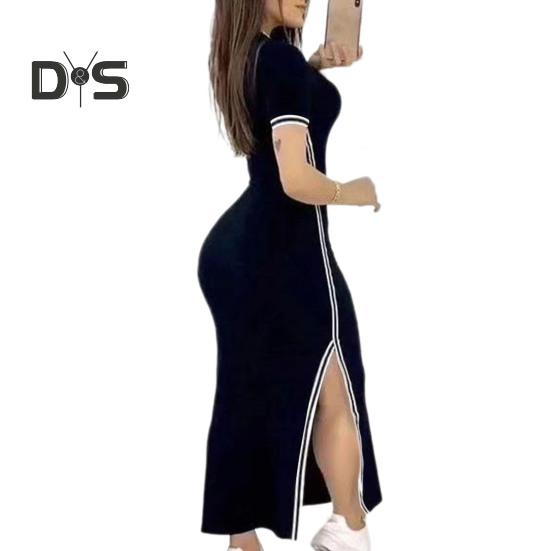 Vestito estivo da donna con scollo a V, spacco laterale, vestibilità attillata, tinta unita, maniche corte, a righe, lunghezza al ginocchio, casual, lungo