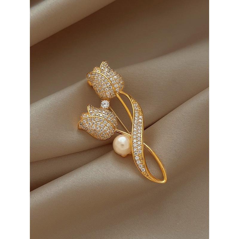 Light Luxury Pearl Full Diamond Tulip Brooch for Women High-end Brooch for Fixing Clothes Corsage