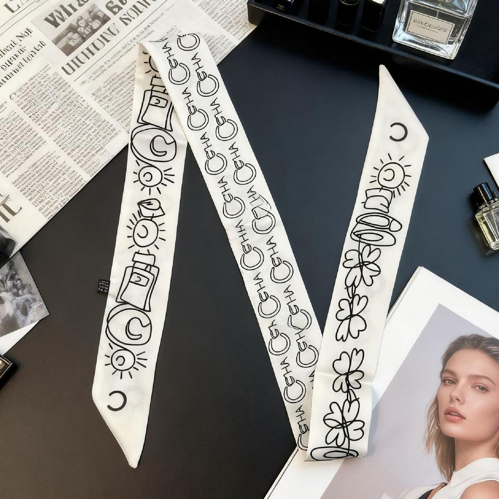 Heavy twill silk scarf, small fragrance style, long strip, thin tie bag, ribbon decorative streamer, neck band, hair band double C