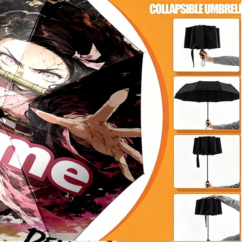 Custom Name Personalized Demon Slayer Print Umbrella, Auto Open Close, 8‑Rib Sturdy Frame, Commute Camping Hiking Use, Birthday Gift