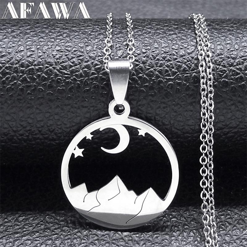 Moon Star Desert Scenery Necklace for Women Men Stainless Steel Silver Color Mountain Necklaces Jewelry Collier Femme N7242S02