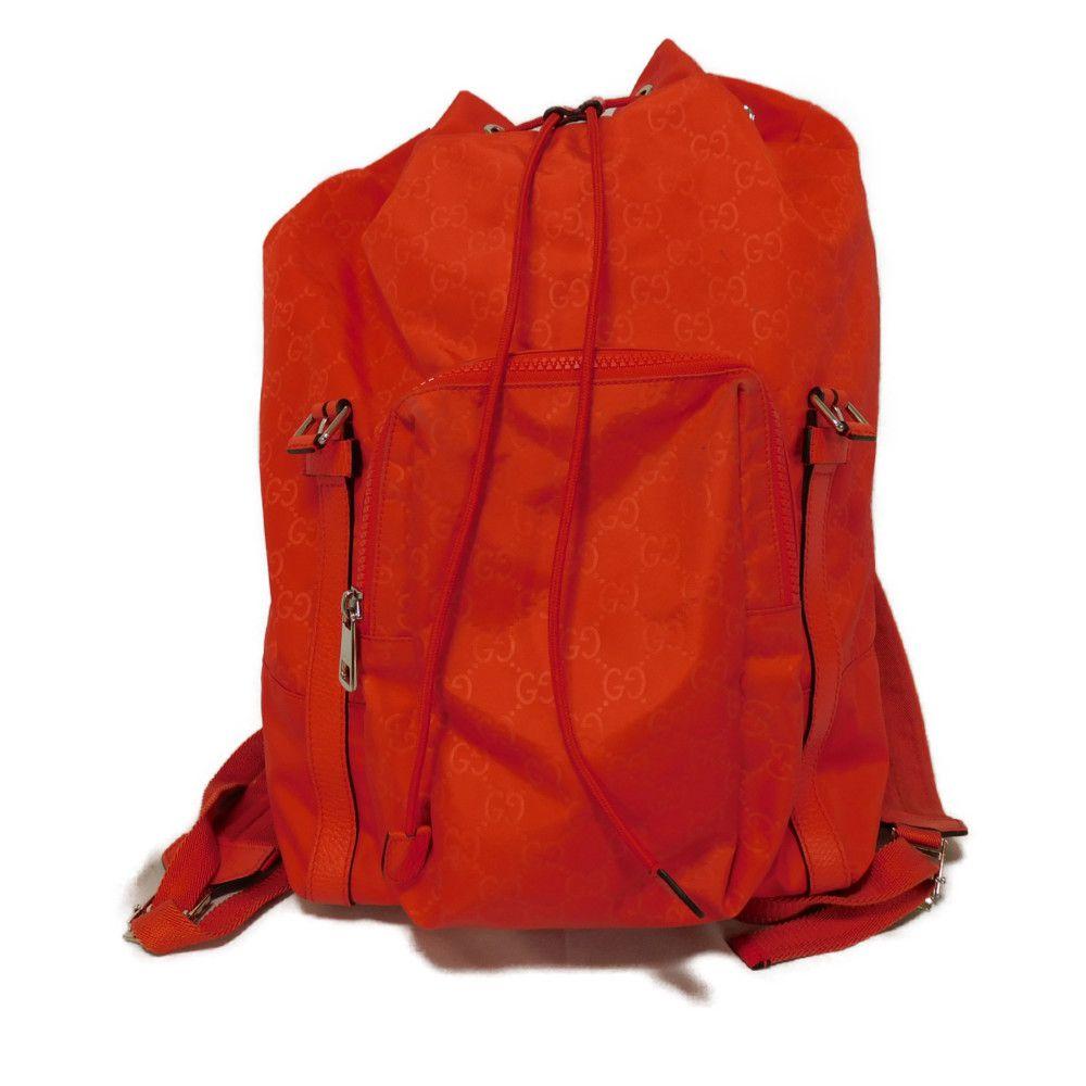 Used 9539 GG Nylon Daypack 387071 7927 Double G Calfskin Drawstring Logo Embossed Orange Red Men's from Japan AUTHENTIC