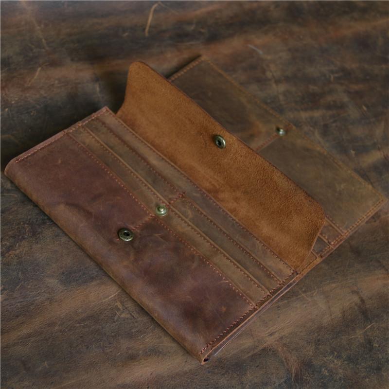 Men's and Women's Long Wallet, Wallet Clip Layer, Cowhide, Crazy Horse Leather Buckle