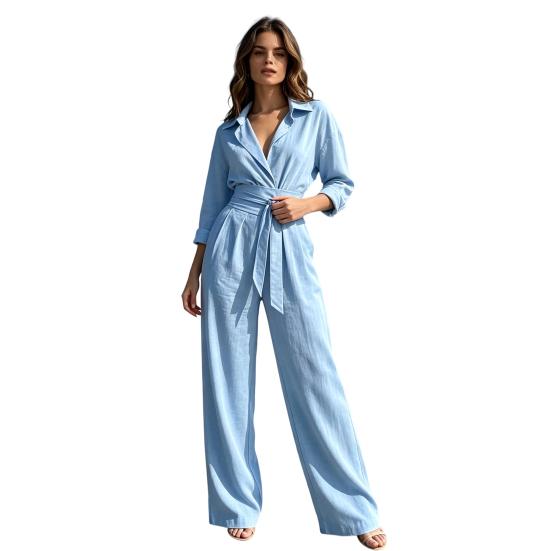 Women Loose Fitting Rompers V Neck Long Sleeves Jumpsuit, Collared One Piece Romper with Wide Leg Pants Belt, Solid Color Dressy Casual Fall Outfits