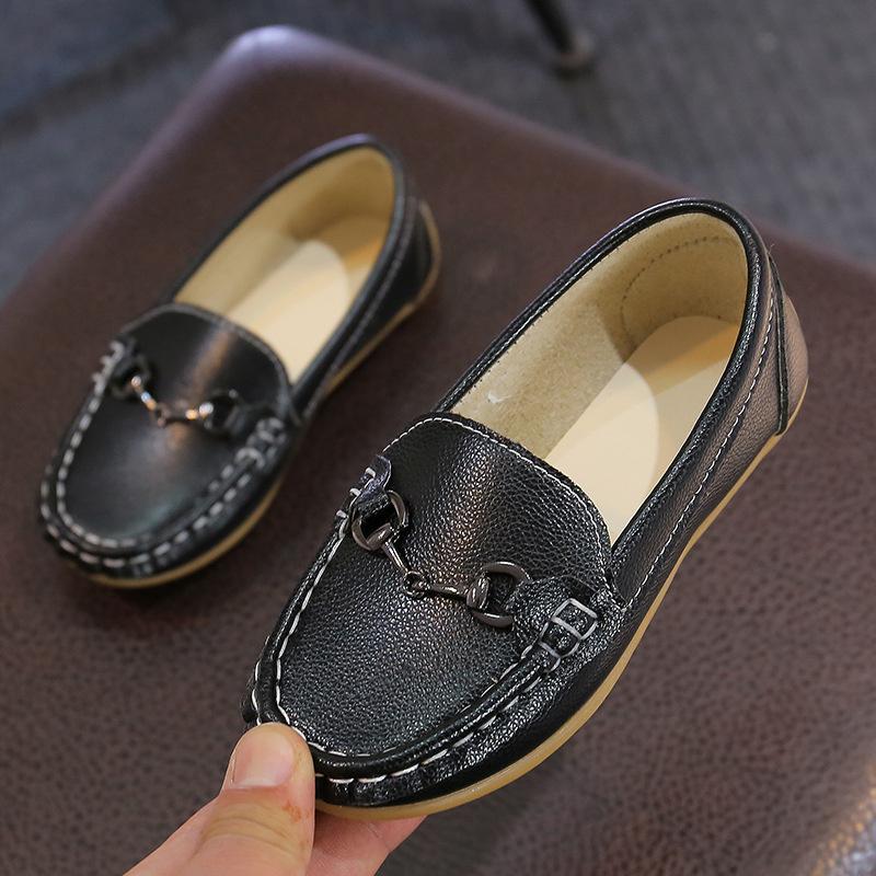 Children'S Boys Casual Leather Shoes Kids Metal Chain Buckle Loafers Peas Shoes Toddler Slipon Soft Boat Moccasin Of Baby Y