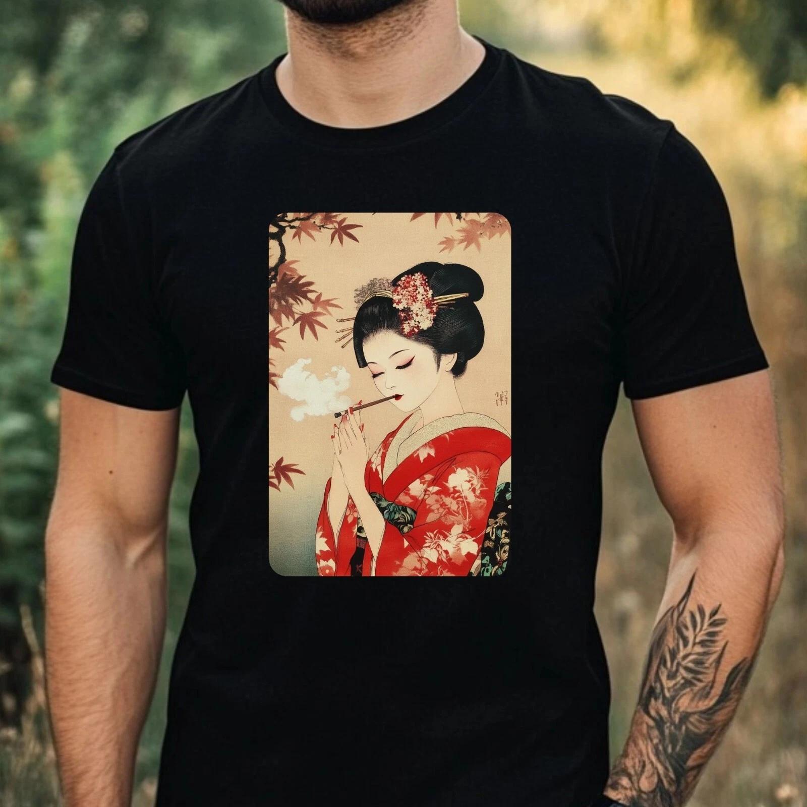 T-Shirt Herren Geisha Raucht Motiv Baumwolle Größe XS bis 5XL S